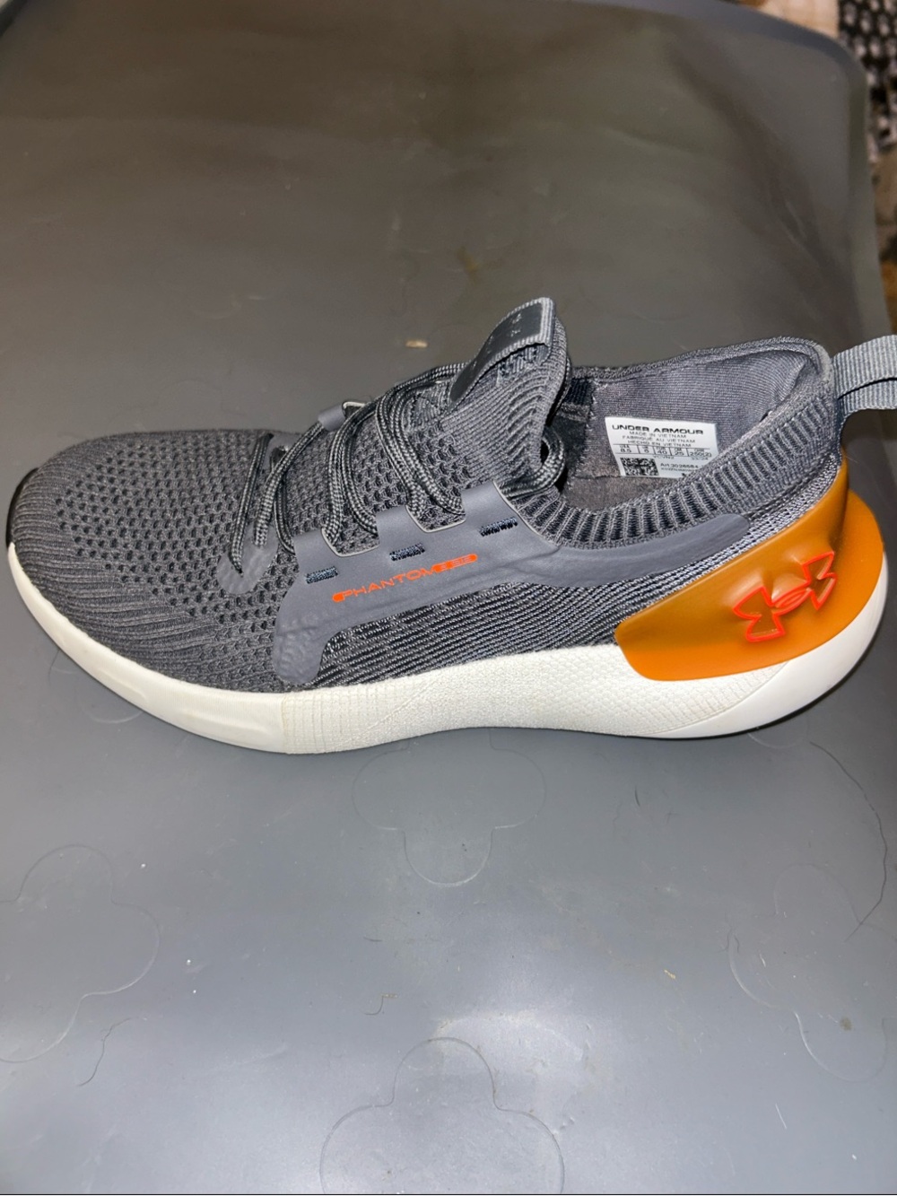 Under Armour Gray Knit Athletic Sneaker with Orange Heel Accent